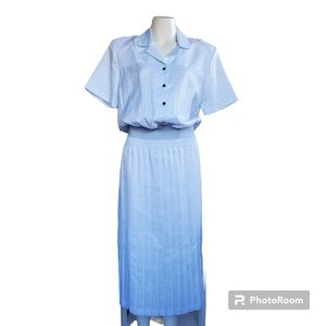 Vintage Andrea Gayle Petites Light Blue White Stripes Pleated Skirt Blouse Set